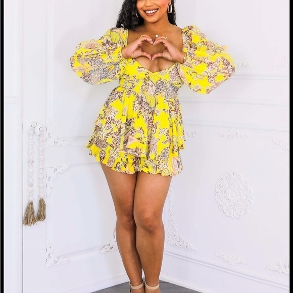 Pants - Yellow Long Sleeve Plunge Neck Romper for Cocktail